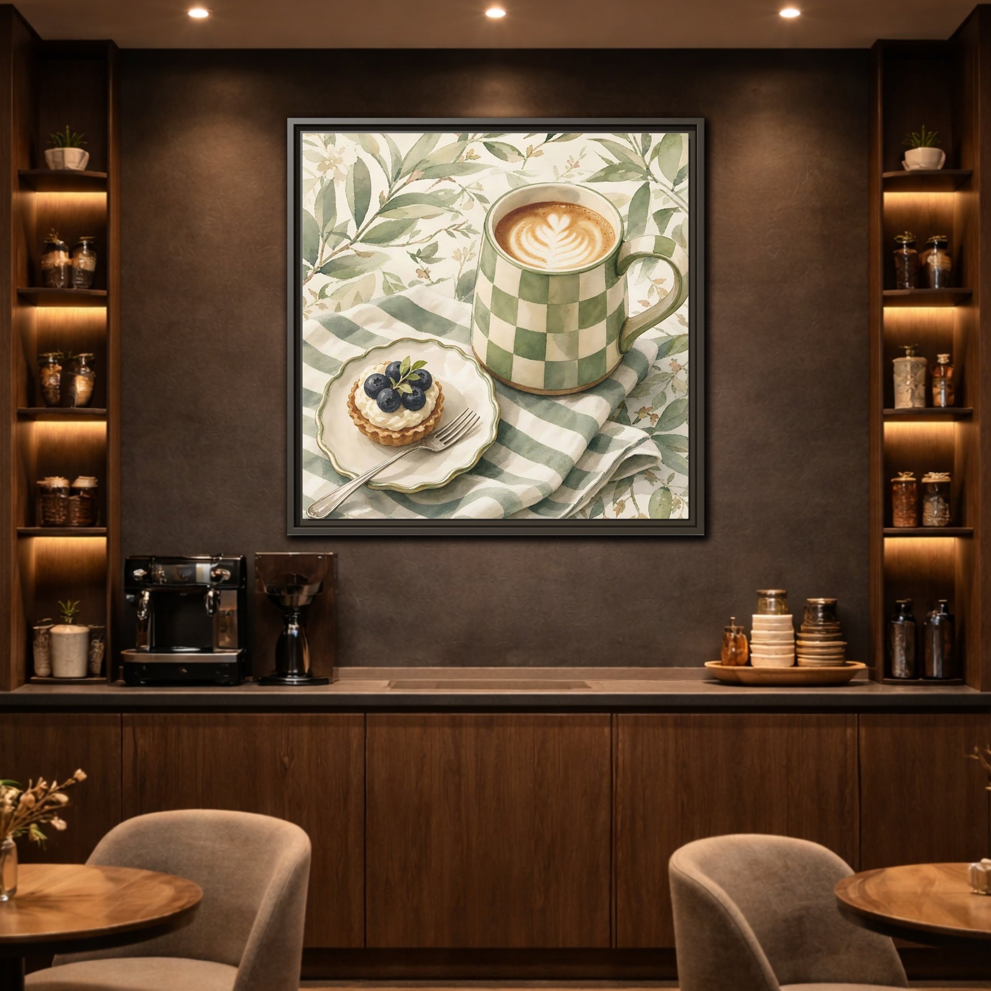 Mockup 2. Nature Coffee, Tart Green And Brown shown as stretched canvas wall art