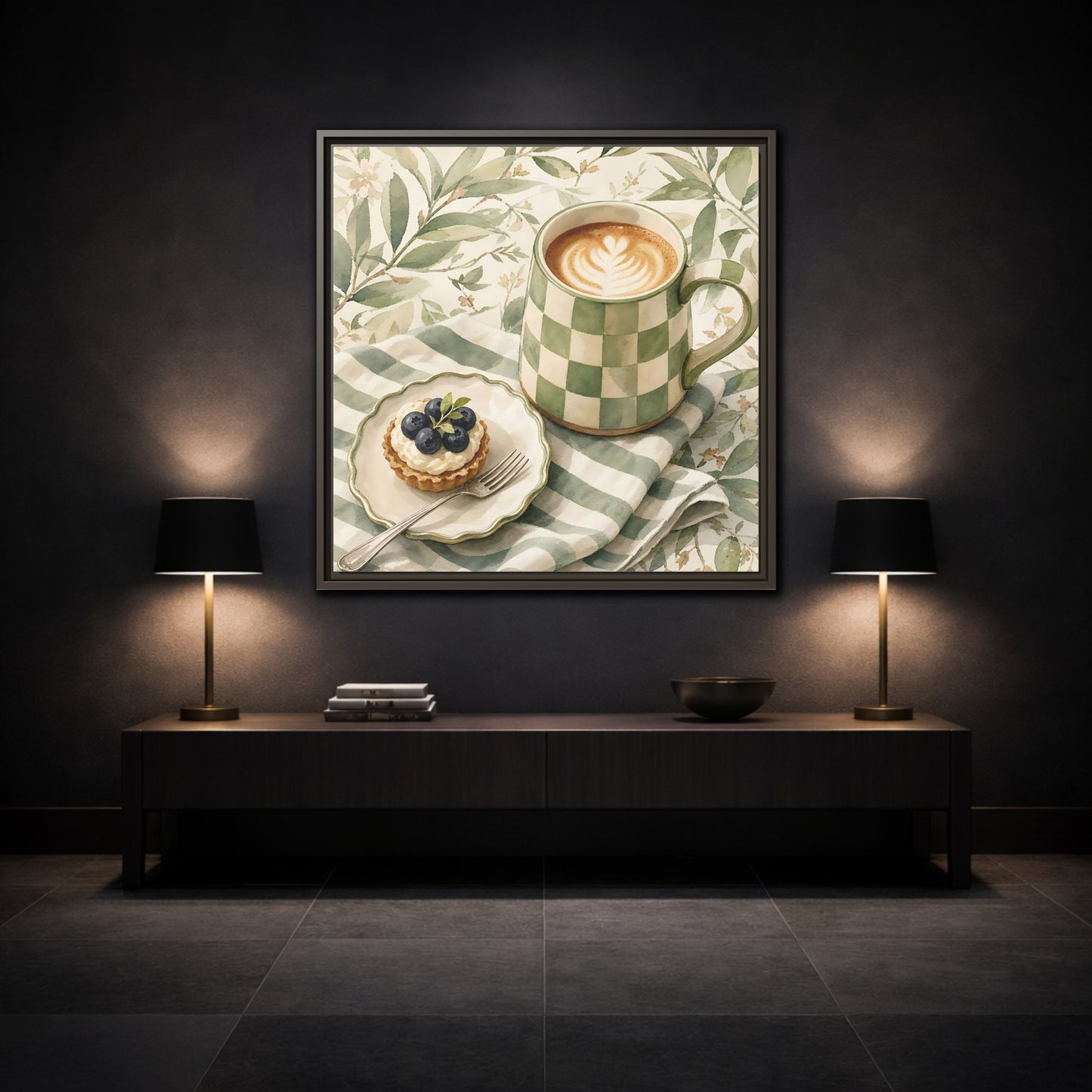 Mockup 3. Nature Coffee, Tart Green And Brown shown as stretched canvas wall art