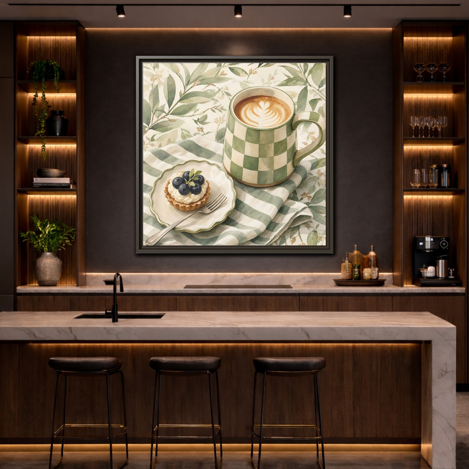 Mockup 4. Nature Coffee, Tart Green And Brown shown as stretched canvas wall art