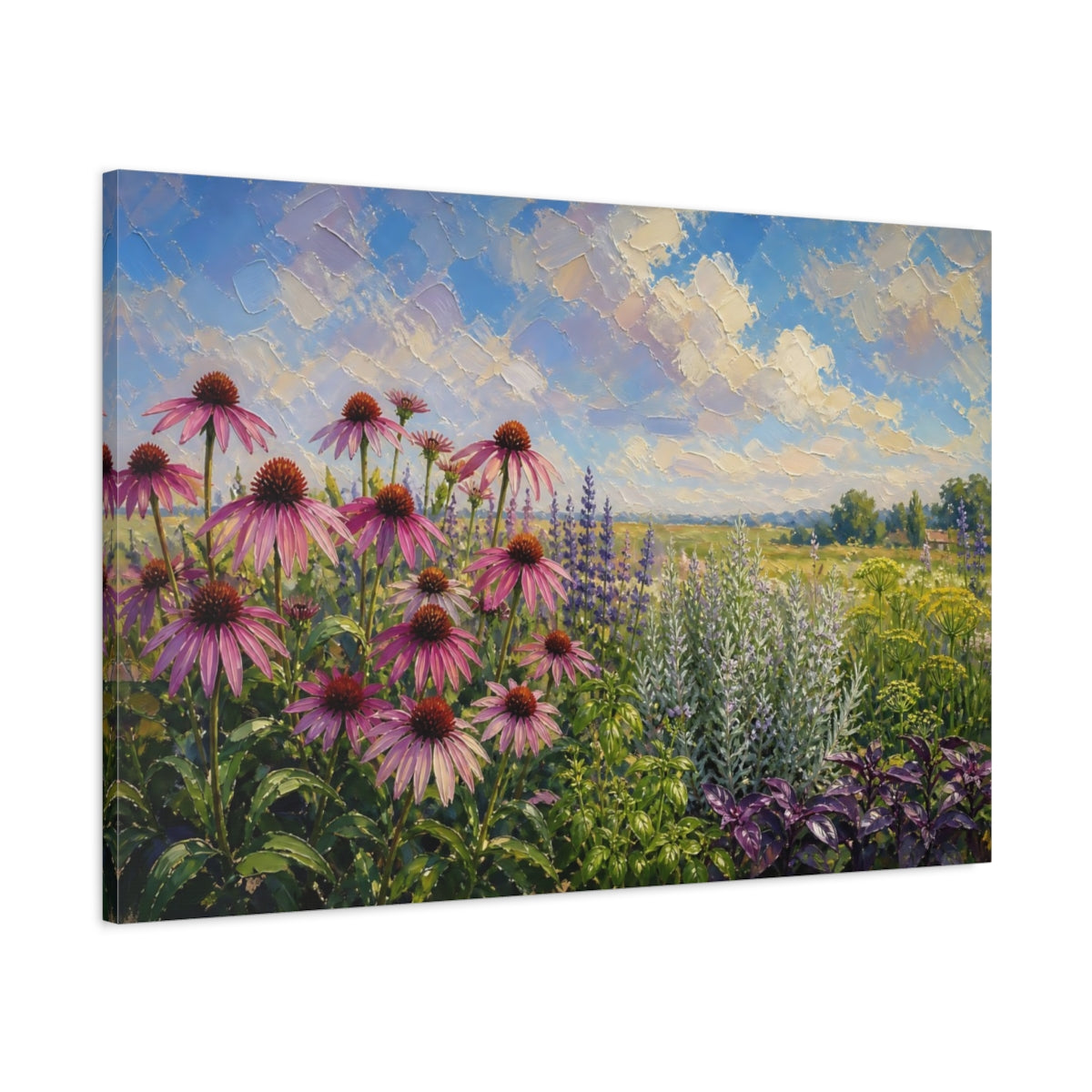 Main Mockup. Nature Coneflowers Pink And Purple Wildflowers shown as stretched canvas wall art