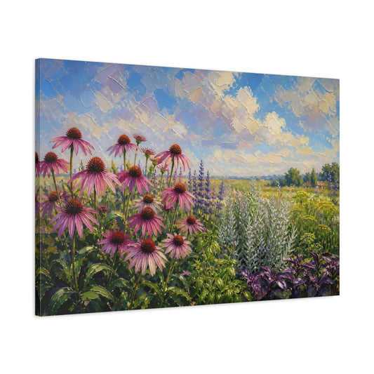 Main Mockup. Nature Coneflowers Pink And Purple Wildflowers shown as stretched canvas wall art