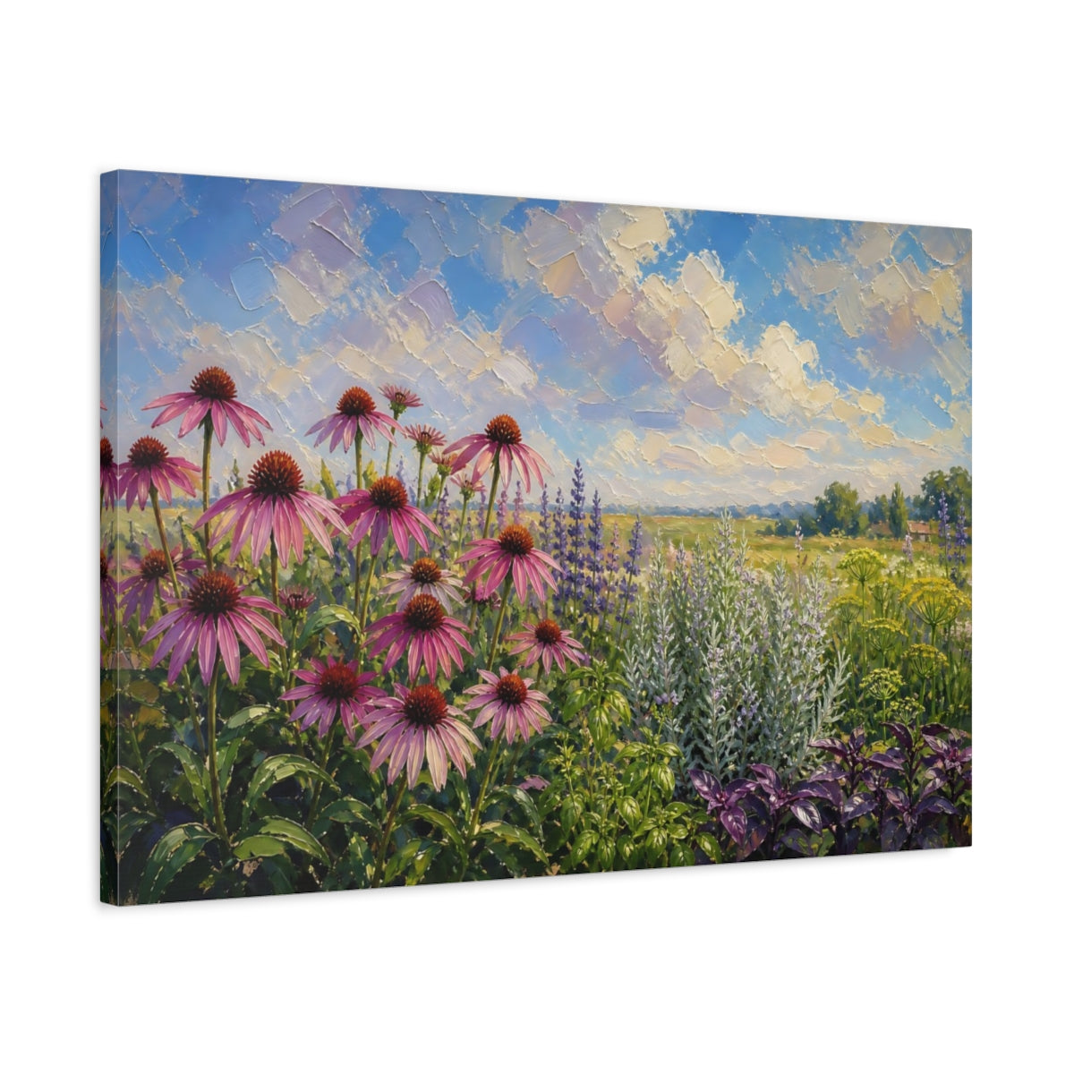 Side Mockup 2. Nature Coneflowers Pink And Purple Wildflowers shown as stretched canvas wall art