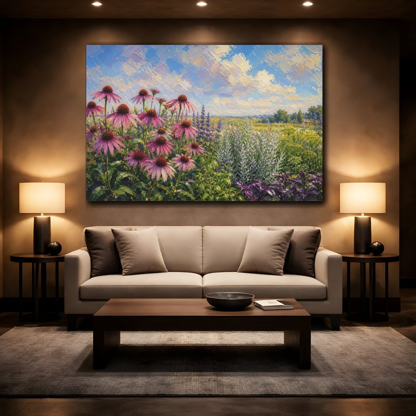Mockup 2. Nature Coneflowers Pink And Purple Wildflowers shown as stretched canvas wall art