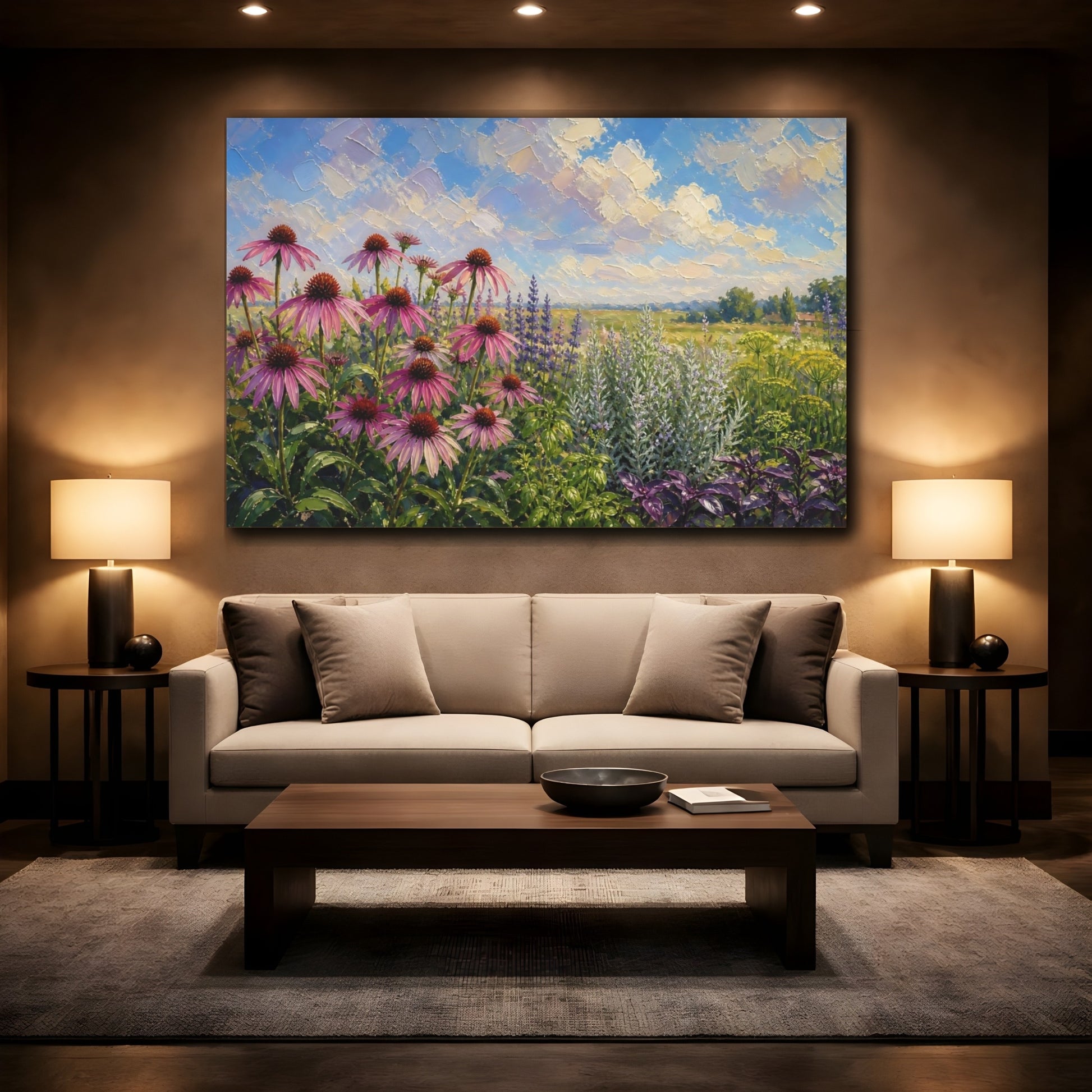 Mockup 2. Nature Coneflowers Pink And Purple Wildflowers shown as stretched canvas wall art