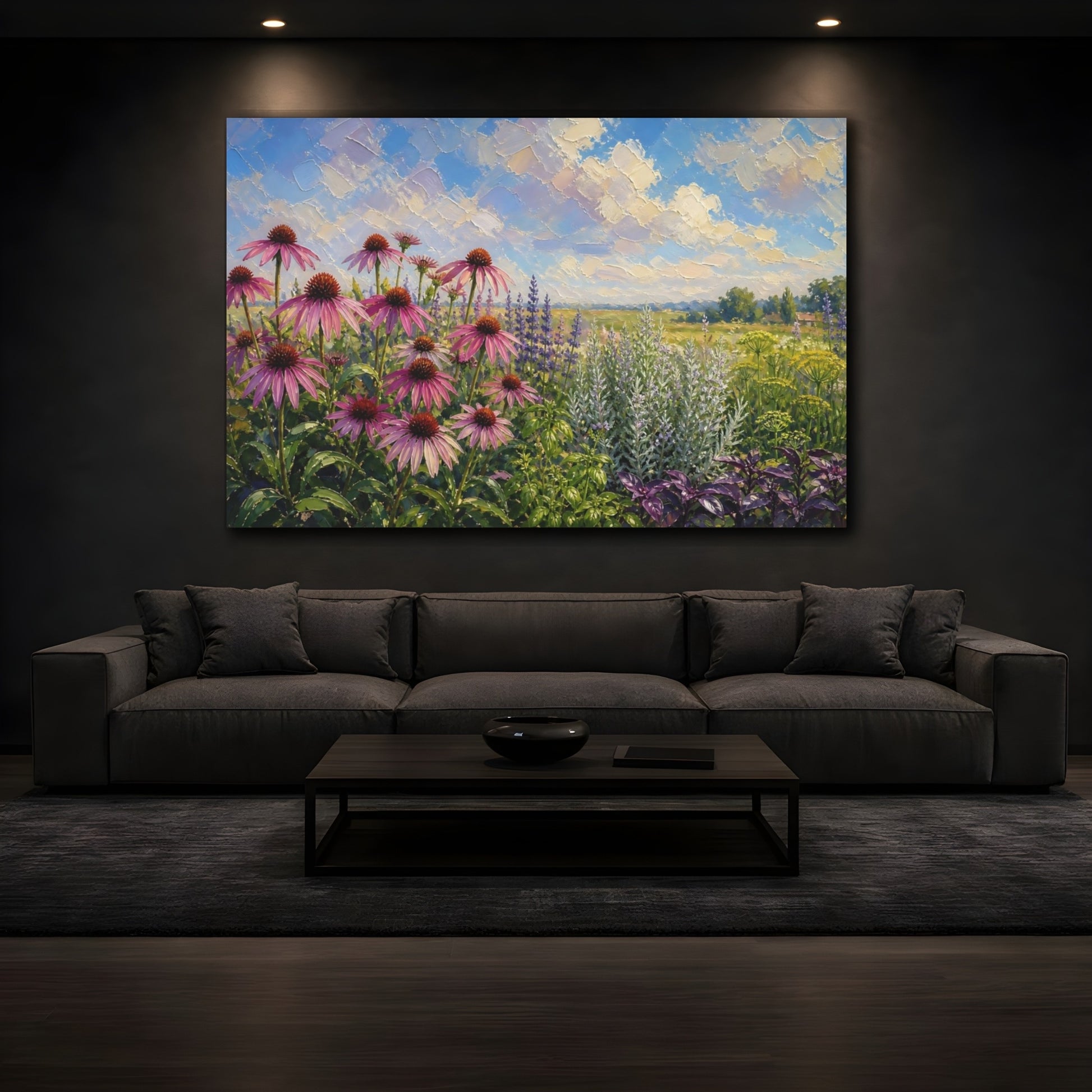 Mockup 3. Nature Coneflowers Pink And Purple Wildflowers shown as stretched canvas wall art