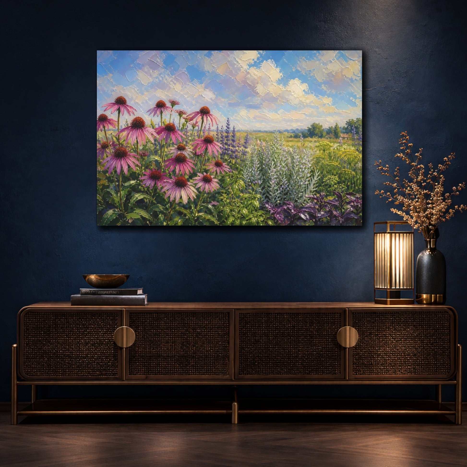 Mockup 4. Nature Coneflowers Pink And Purple Wildflowers shown as stretched canvas wall art