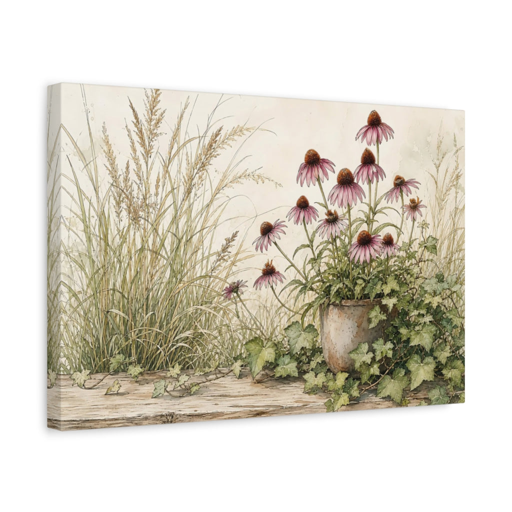 Side Mockup 4. Nature Coneflowers Purple Coneflower shown as stretched canvas wall art