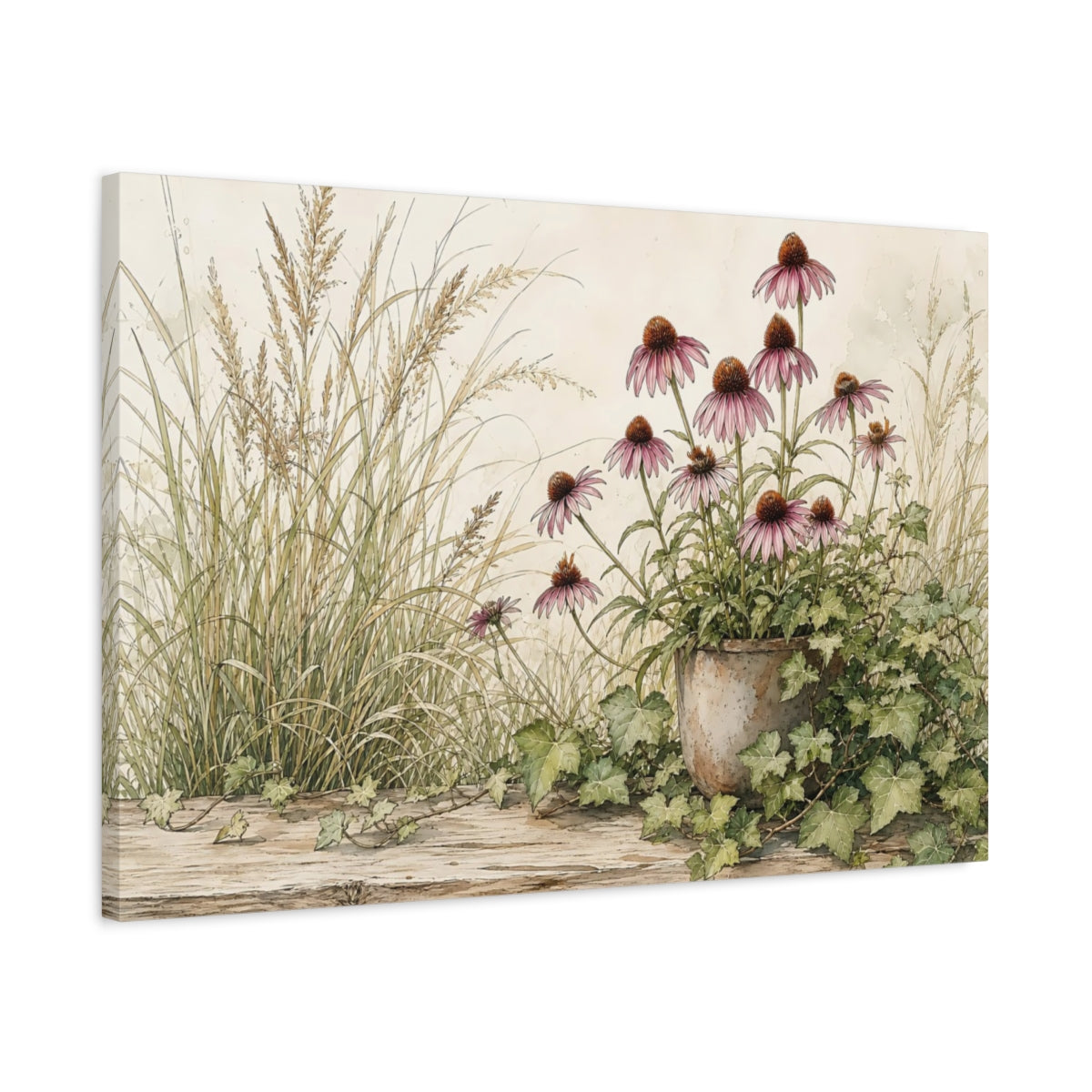 Side Mockup 2. Nature Coneflowers Purple Coneflower shown as stretched canvas wall art