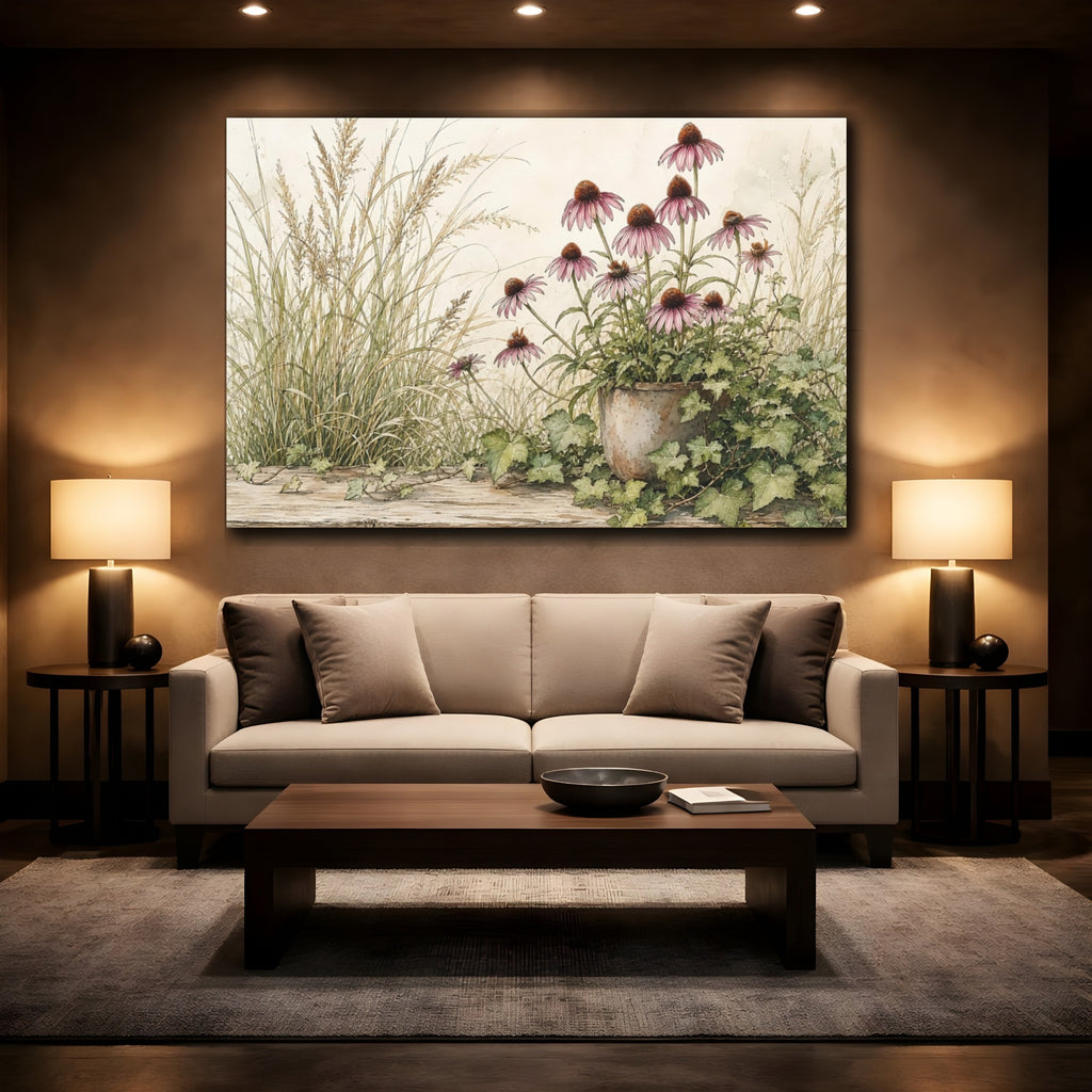 Mockup 2. Nature Coneflowers Purple Coneflower shown as stretched canvas wall art