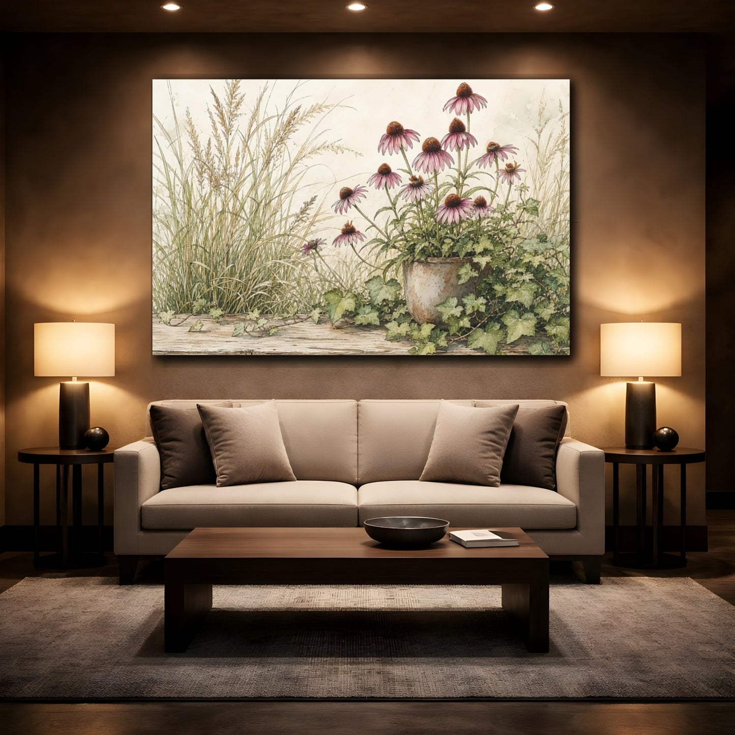 Mockup 2. Nature Coneflowers Purple Coneflower shown as stretched canvas wall art