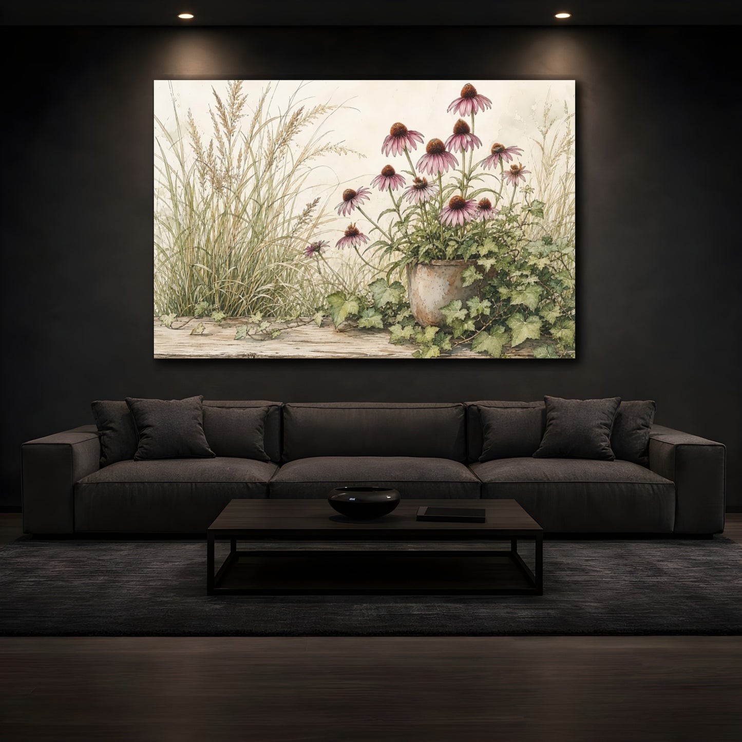 Mockup 3. Nature Coneflowers Purple Coneflower shown as stretched canvas wall art