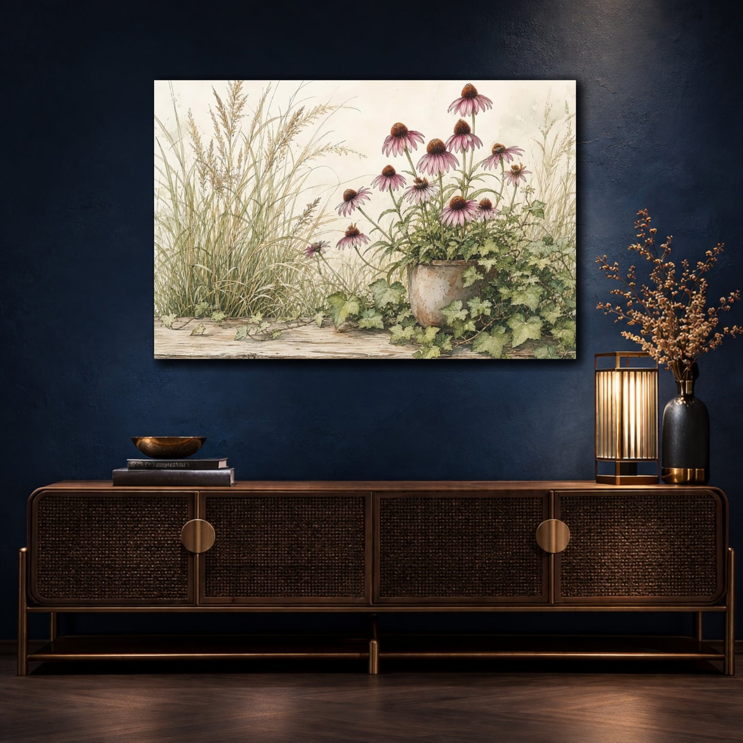 Mockup 4. Nature Coneflowers Purple Coneflower shown as stretched canvas wall art