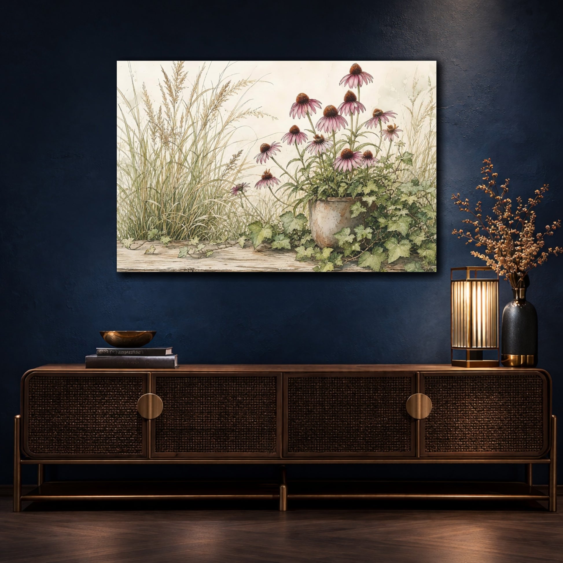Mockup 4. Nature Coneflowers Purple Coneflower shown as stretched canvas wall art