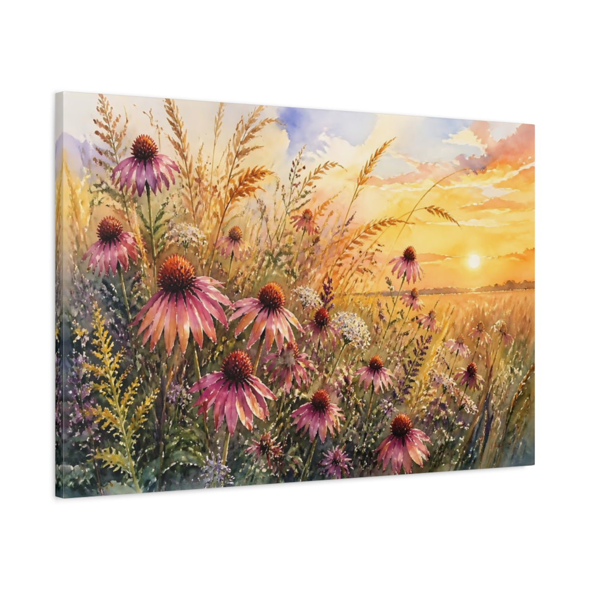 Main Mockup. Nature Coneflowers Purple Floral Sunset shown as stretched canvas wall art