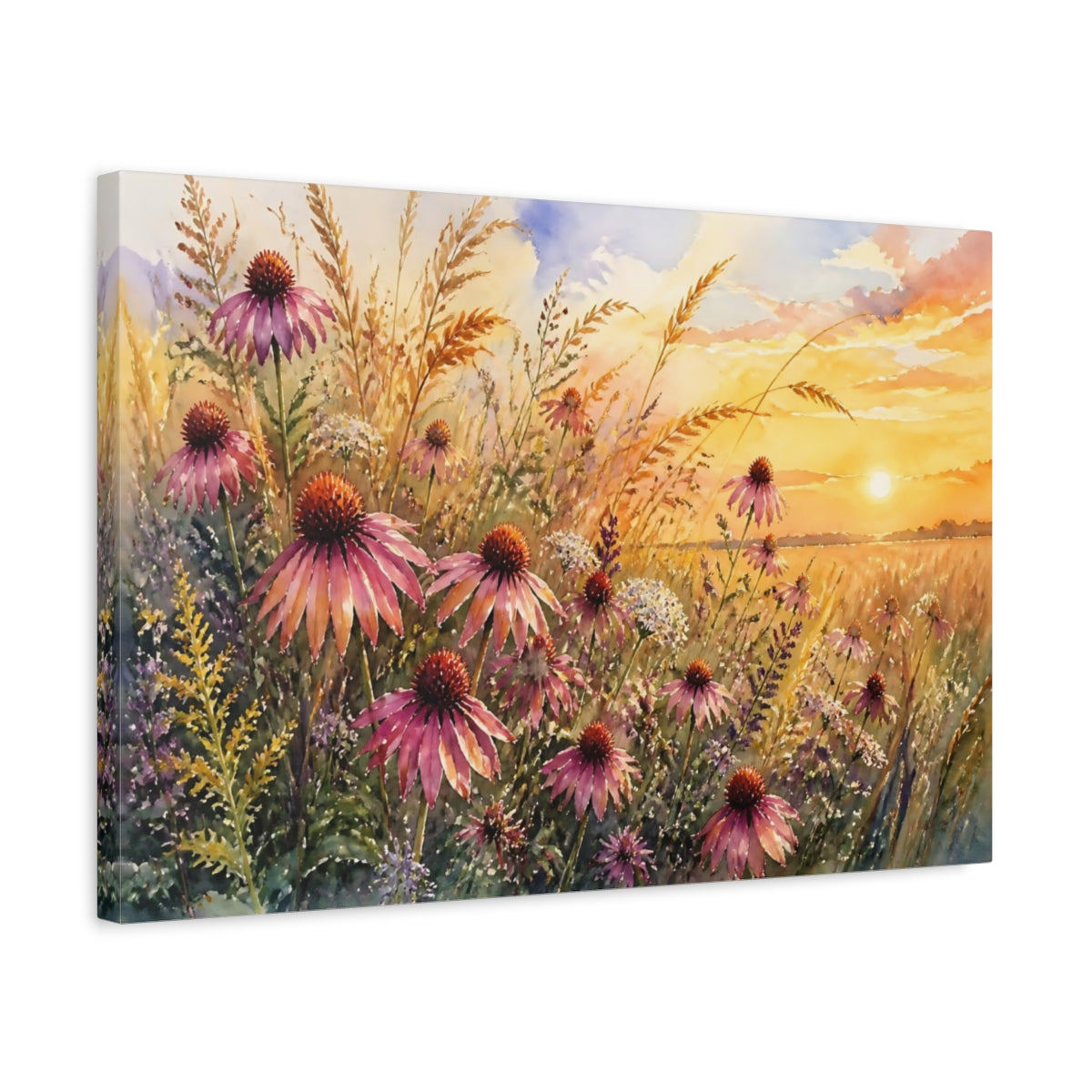 Side Mockup 3. Nature Coneflowers Purple Floral Sunset shown as stretched canvas wall art