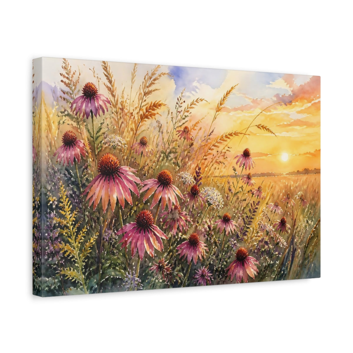 Side Mockup 4. Nature Coneflowers Purple Floral Sunset shown as stretched canvas wall art