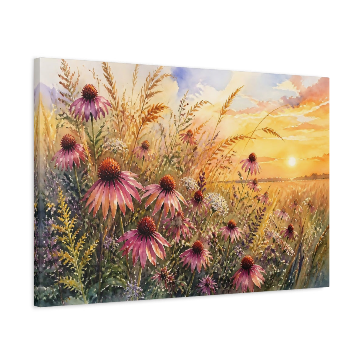 Side Mockup 2. Nature Coneflowers Purple Floral Sunset shown as stretched canvas wall art