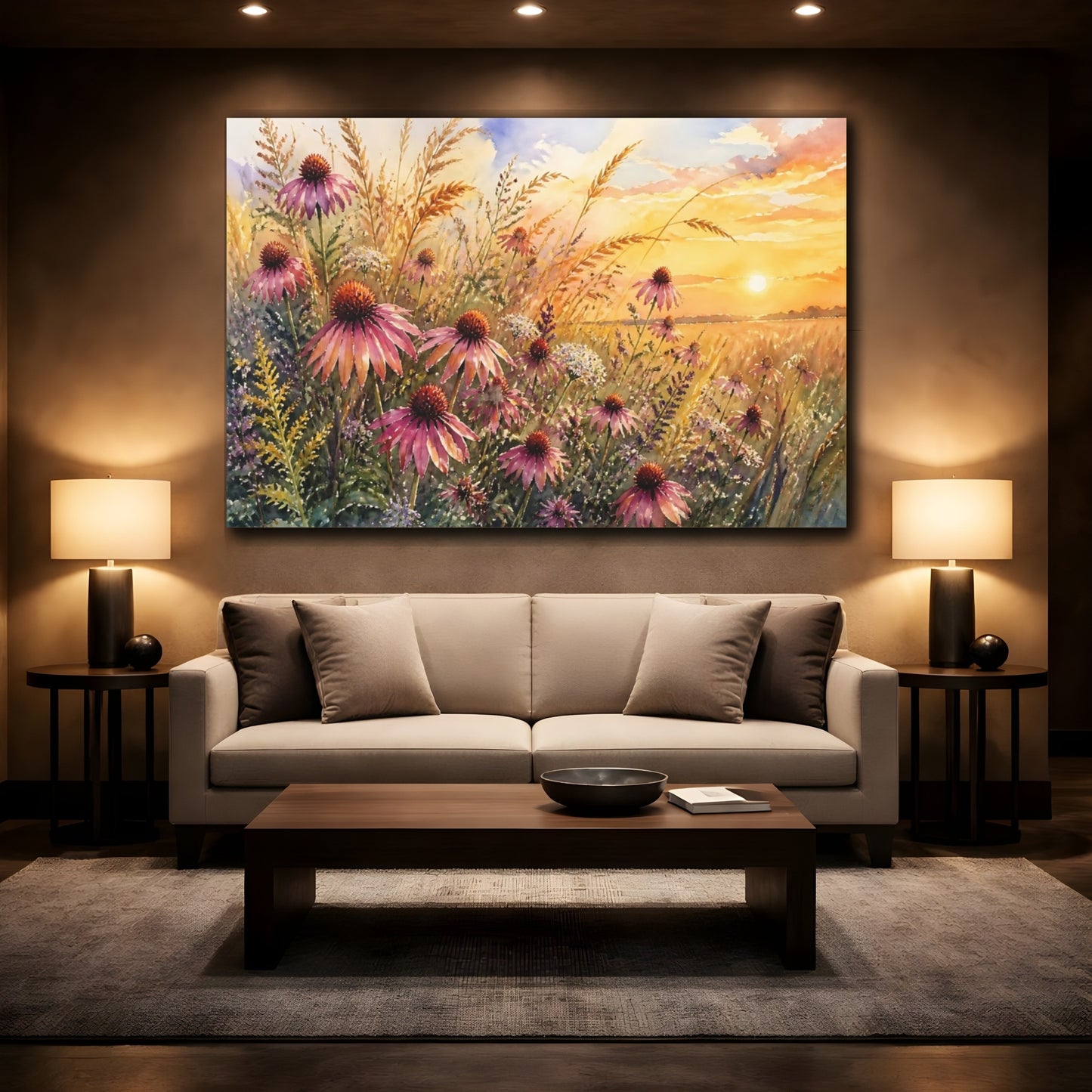 Mockup 2. Nature Coneflowers Purple Floral Sunset shown as stretched canvas wall art