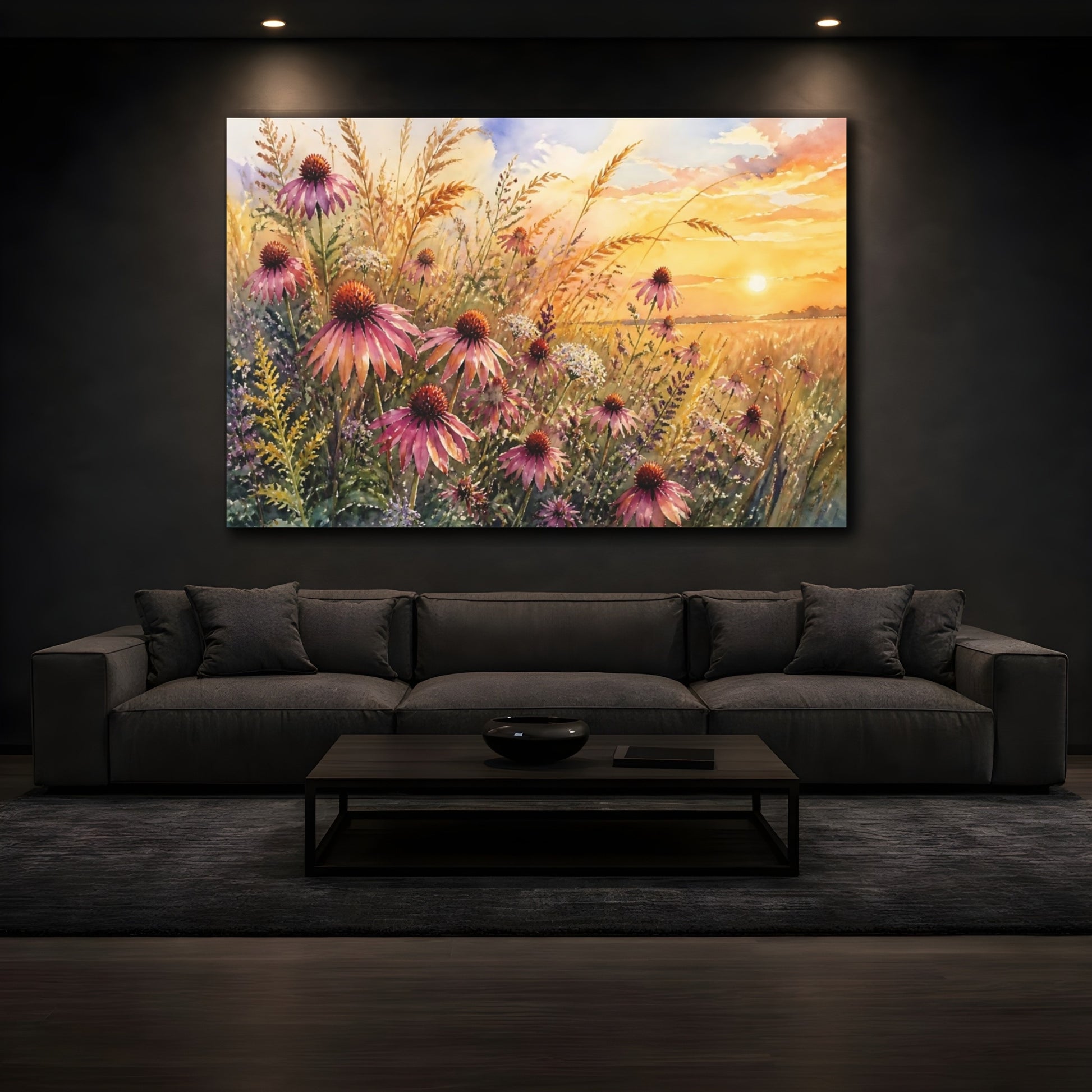 Mockup 3. Nature Coneflowers Purple Floral Sunset shown as stretched canvas wall art