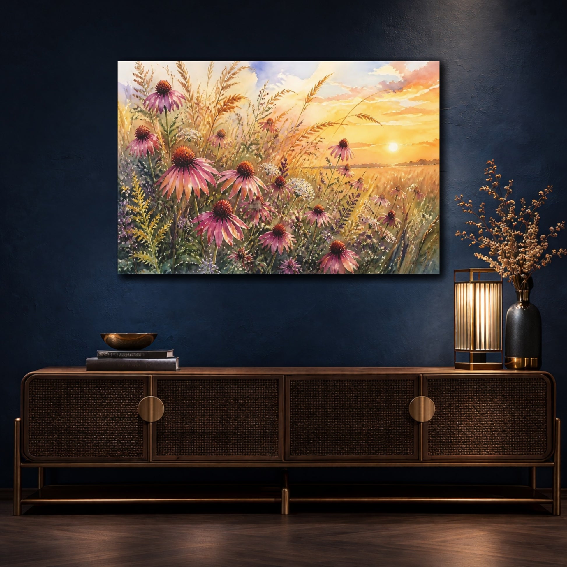 Mockup 4. Nature Coneflowers Purple Floral Sunset shown as stretched canvas wall art