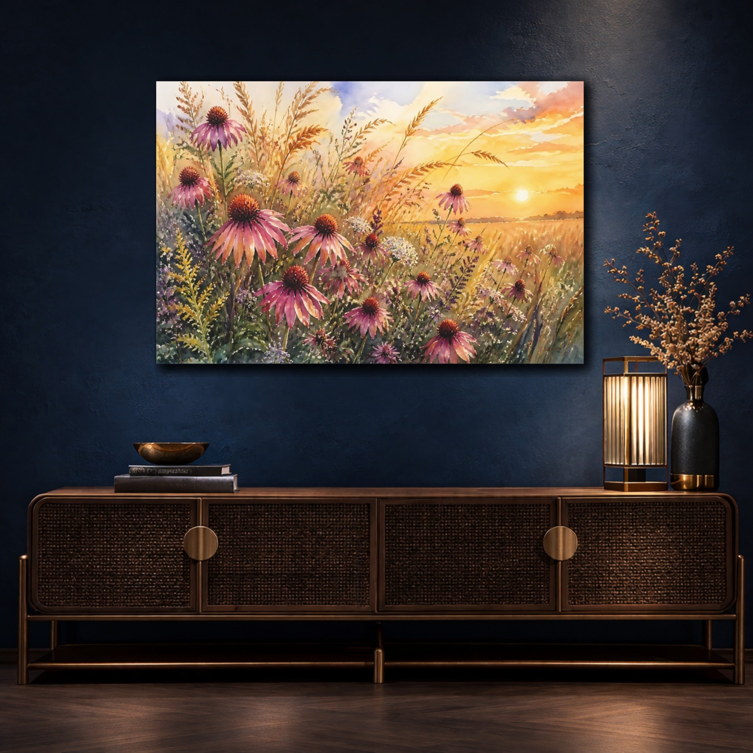 Mockup 4. Nature Coneflowers Purple Floral Sunset shown as stretched canvas wall art