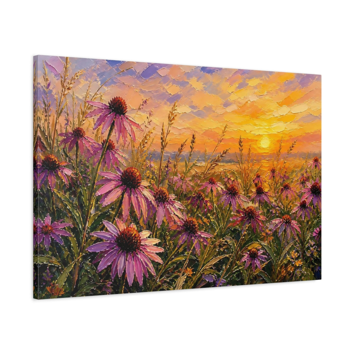 Main Mockup. Nature Coneflowers Purple Flowers Sunset shown as stretched canvas wall art