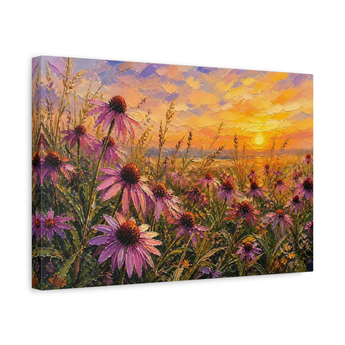 Side Mockup 4. Nature Coneflowers Purple Flowers Sunset shown as stretched canvas wall art