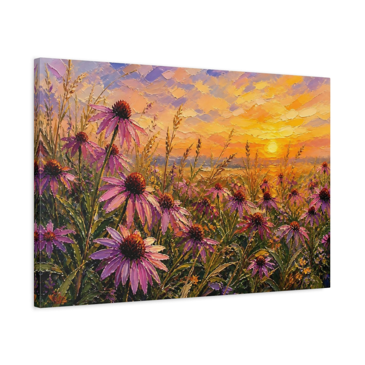 Side Mockup 2. Nature Coneflowers Purple Flowers Sunset shown as stretched canvas wall art
