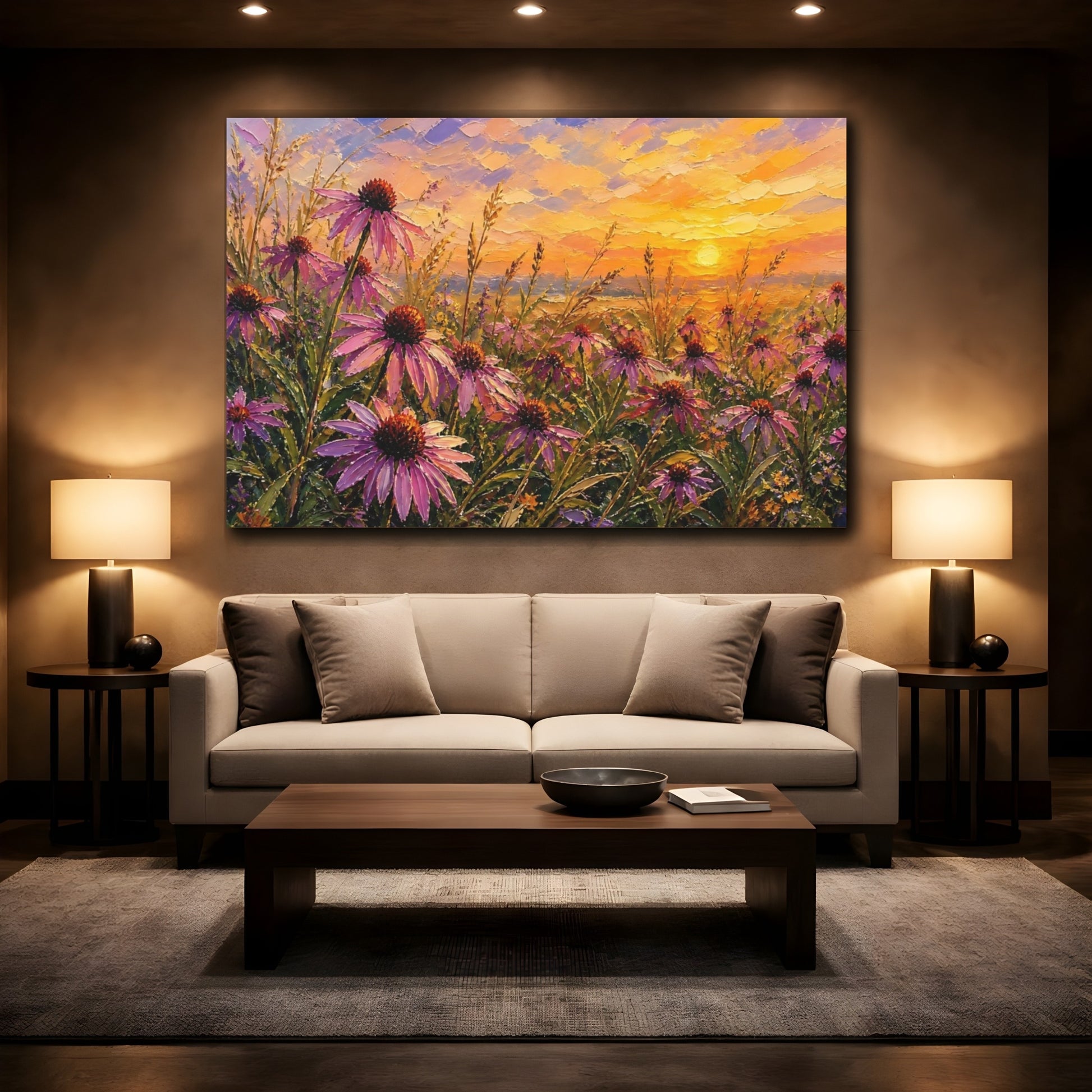Mockup 2. Nature Coneflowers Purple Flowers Sunset shown as stretched canvas wall art