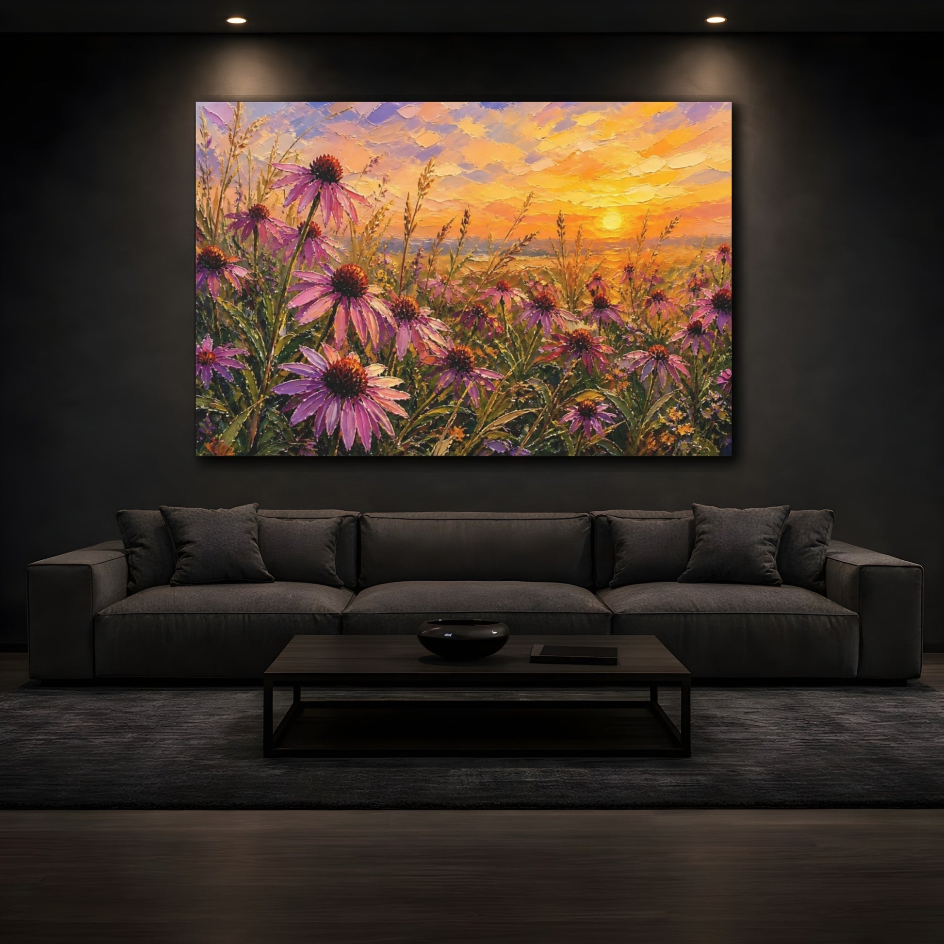Mockup 3. Nature Coneflowers Purple Flowers Sunset shown as stretched canvas wall art