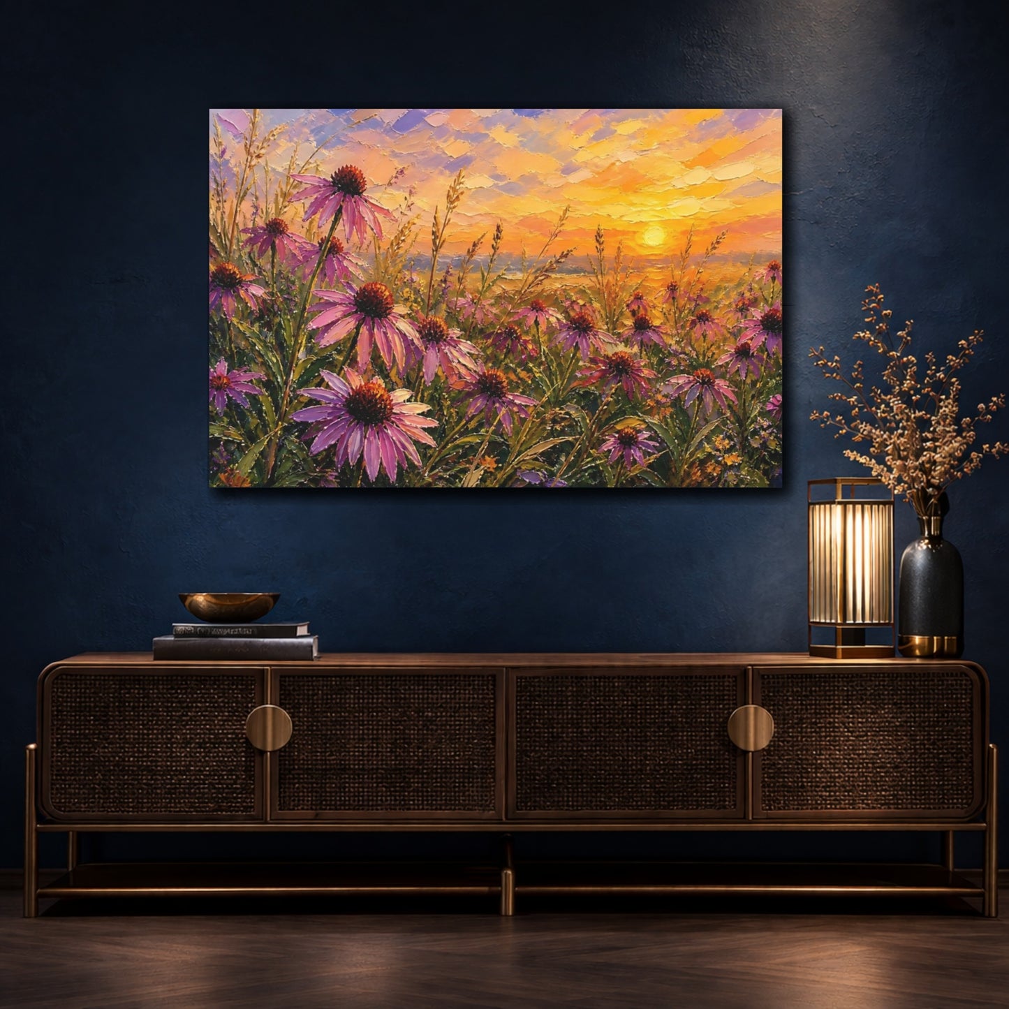 Mockup 4. Nature Coneflowers Purple Flowers Sunset shown as stretched canvas wall art