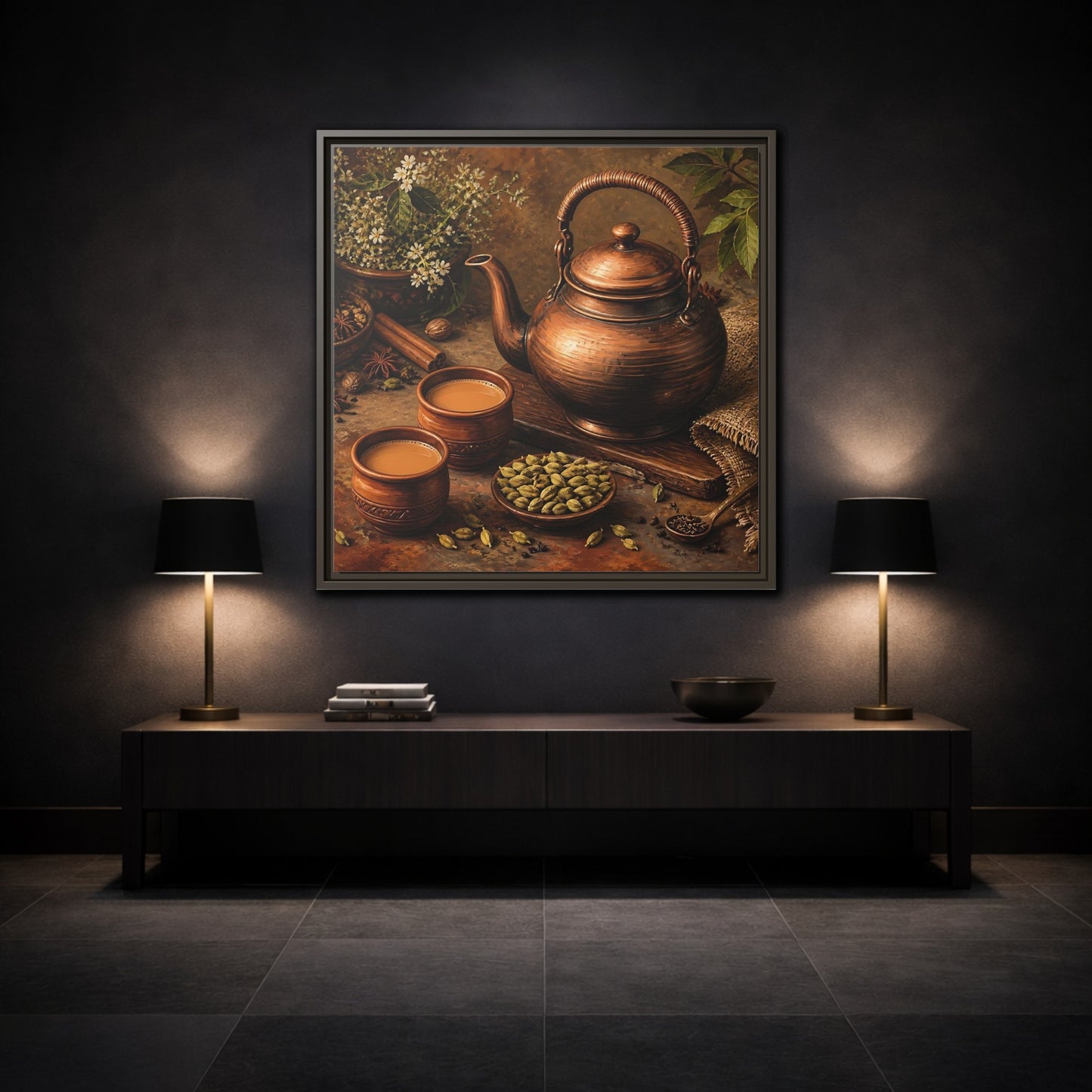 Mockup 3. Nature Copper Teapot Brown And Copper shown as stretched canvas wall art