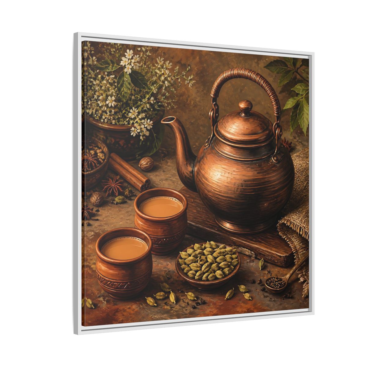 Side Mockup 4. Nature Copper Teapot Brown And Copper shown as stretched canvas wall art