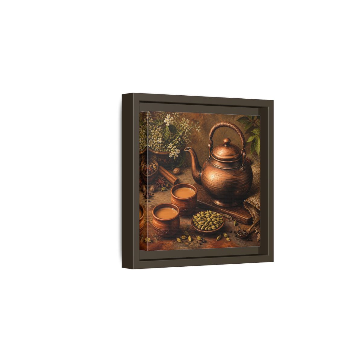 Side Mockup 2. Nature Copper Teapot Brown And Copper shown as stretched canvas wall art