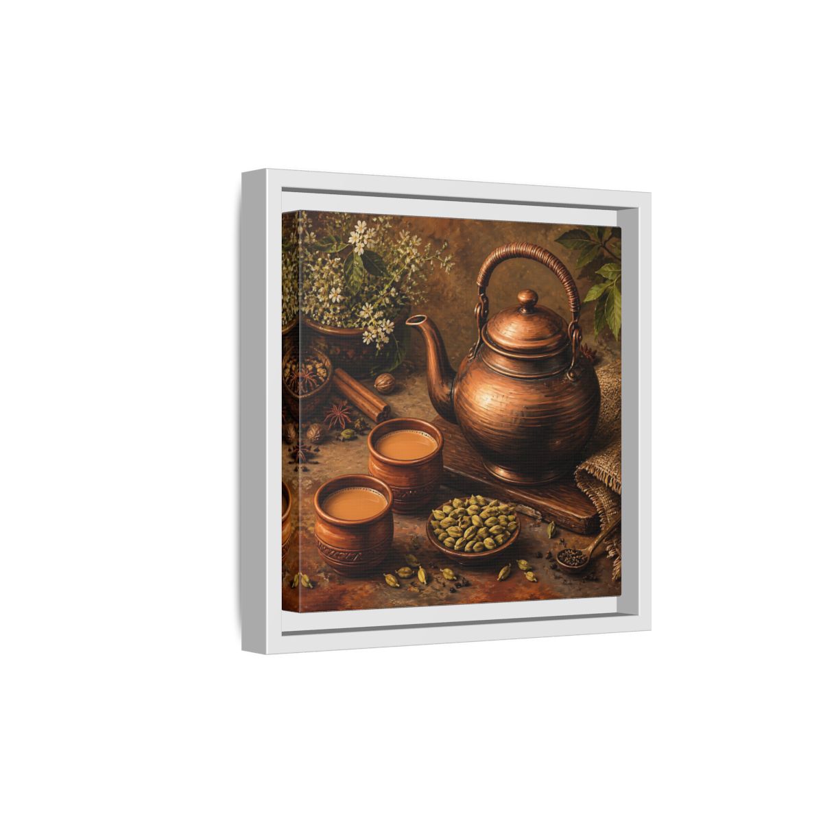 Side Mockup 19. Nature Copper Teapot Brown And Copper shown as stretched canvas wall art
