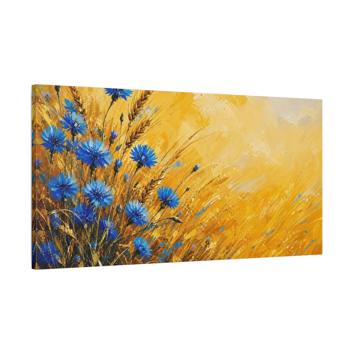 Main Mockup. Nature Cornflowers Blue And Yellow shown as stretched canvas wall art