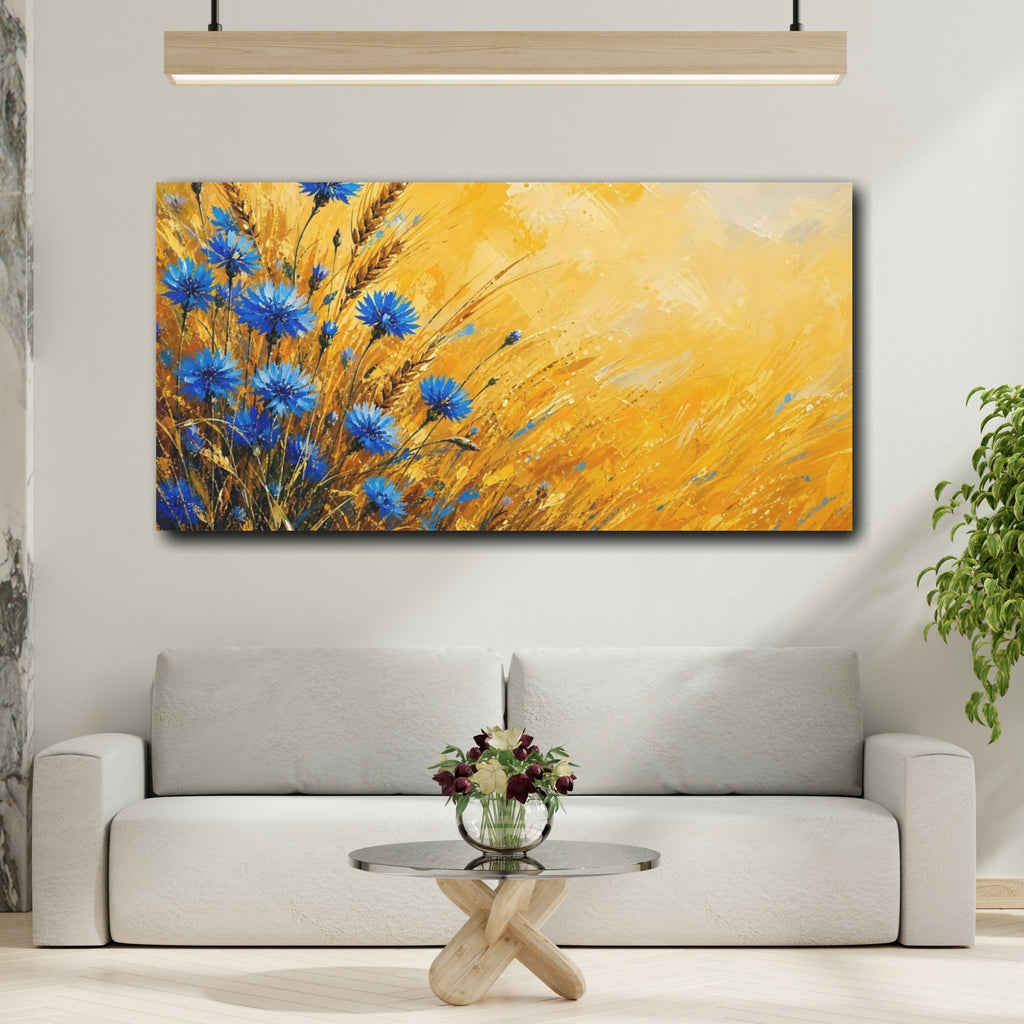 Mockup 2. Nature Cornflowers Blue And Yellow shown as stretched canvas wall art
