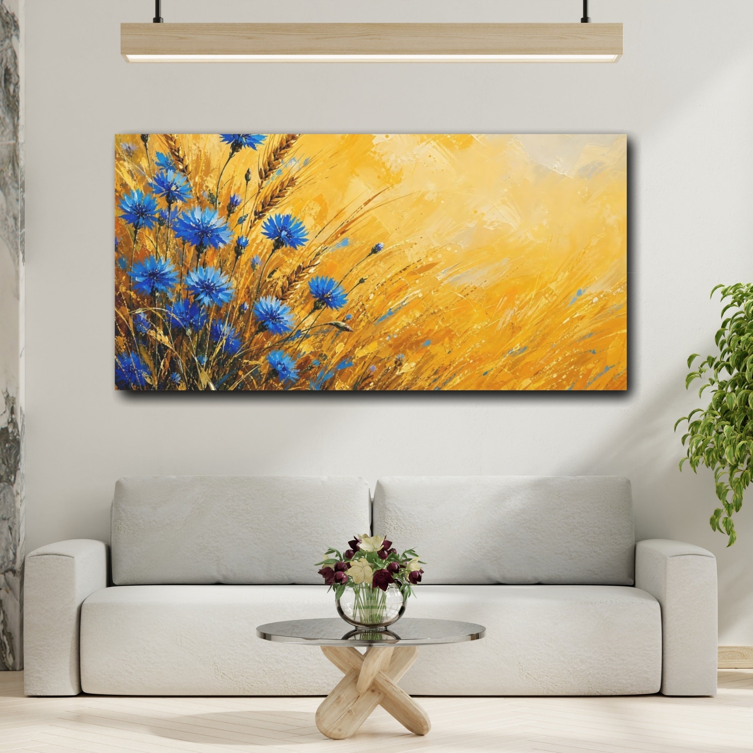 Mockup 2. Nature Cornflowers Blue And Yellow shown as stretched canvas wall art