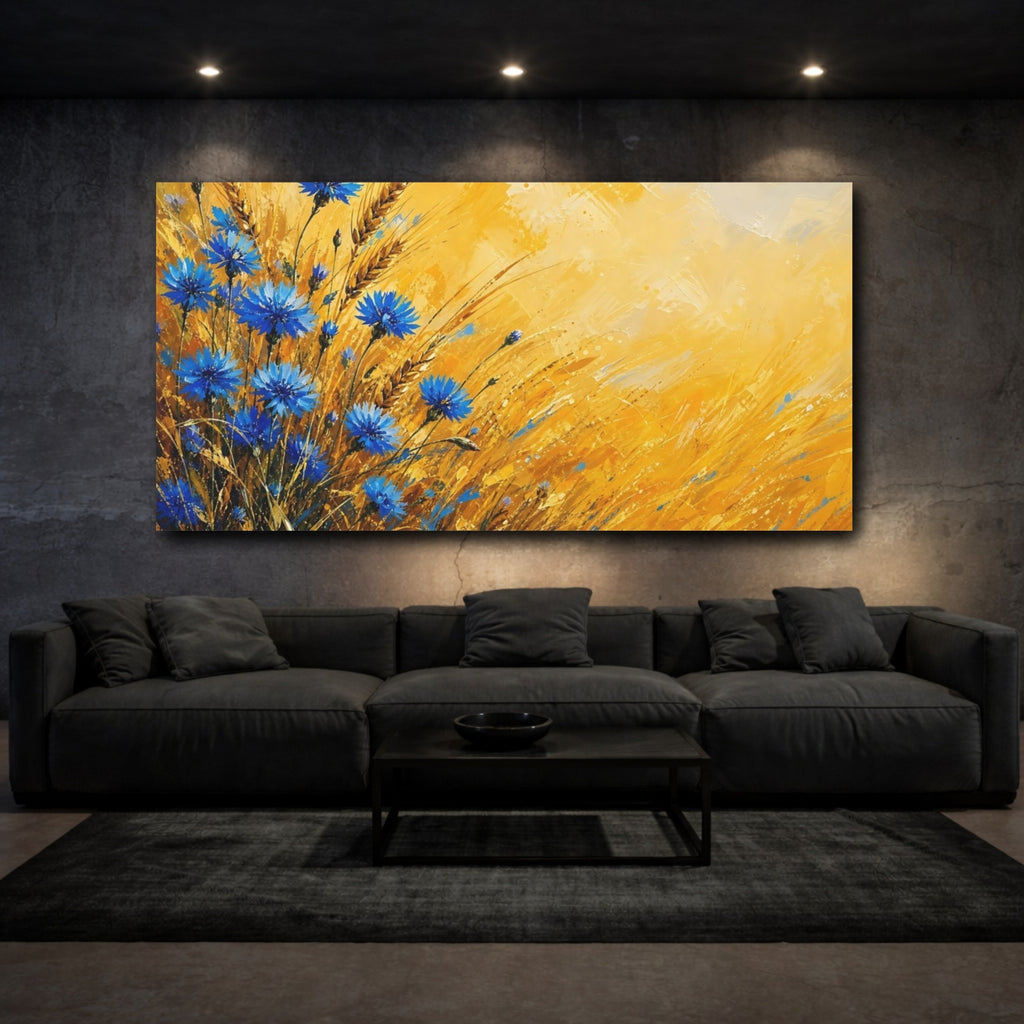 Mockup 3. Nature Cornflowers Blue And Yellow shown as stretched canvas wall art