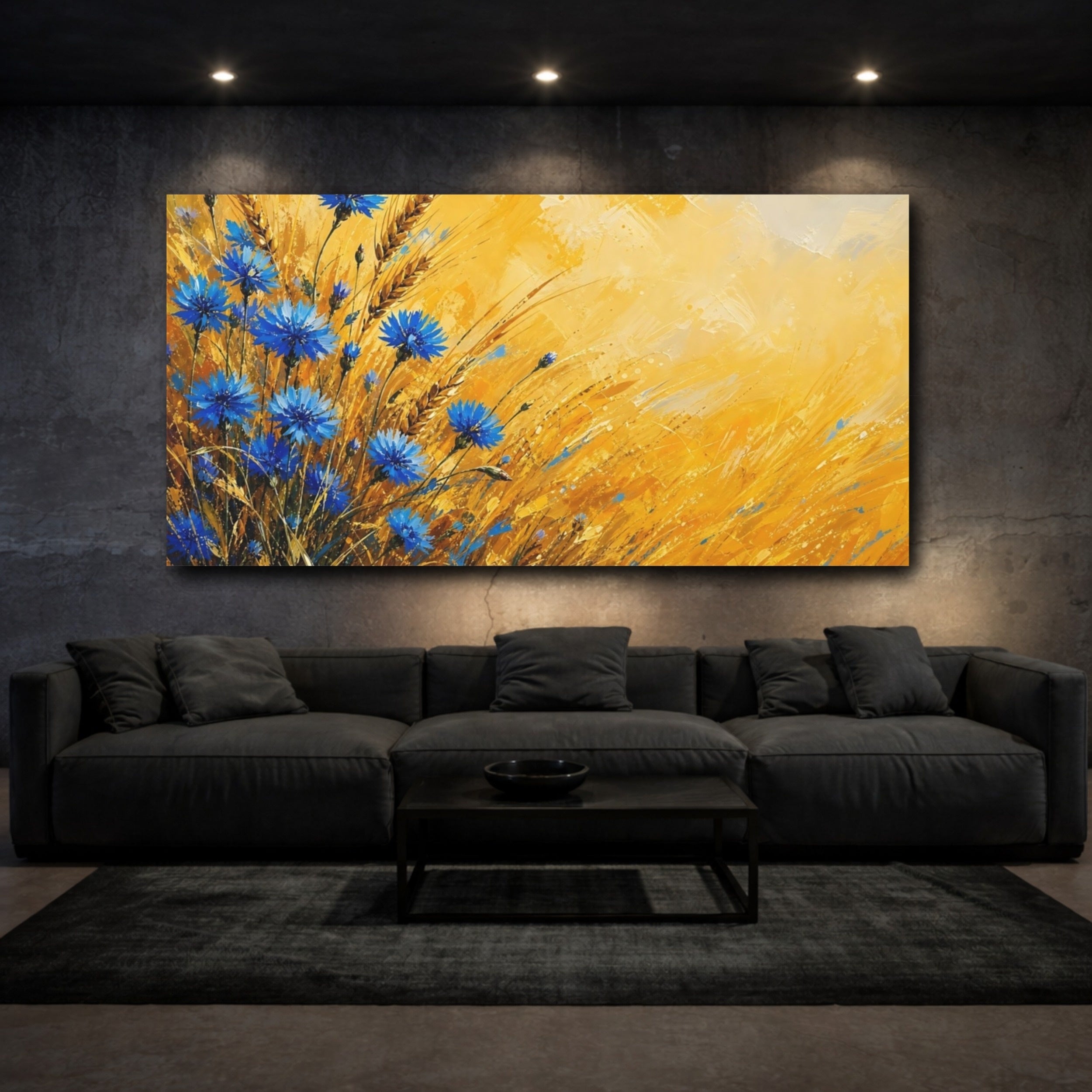 Mockup 3. Nature Cornflowers Blue And Yellow shown as stretched canvas wall art