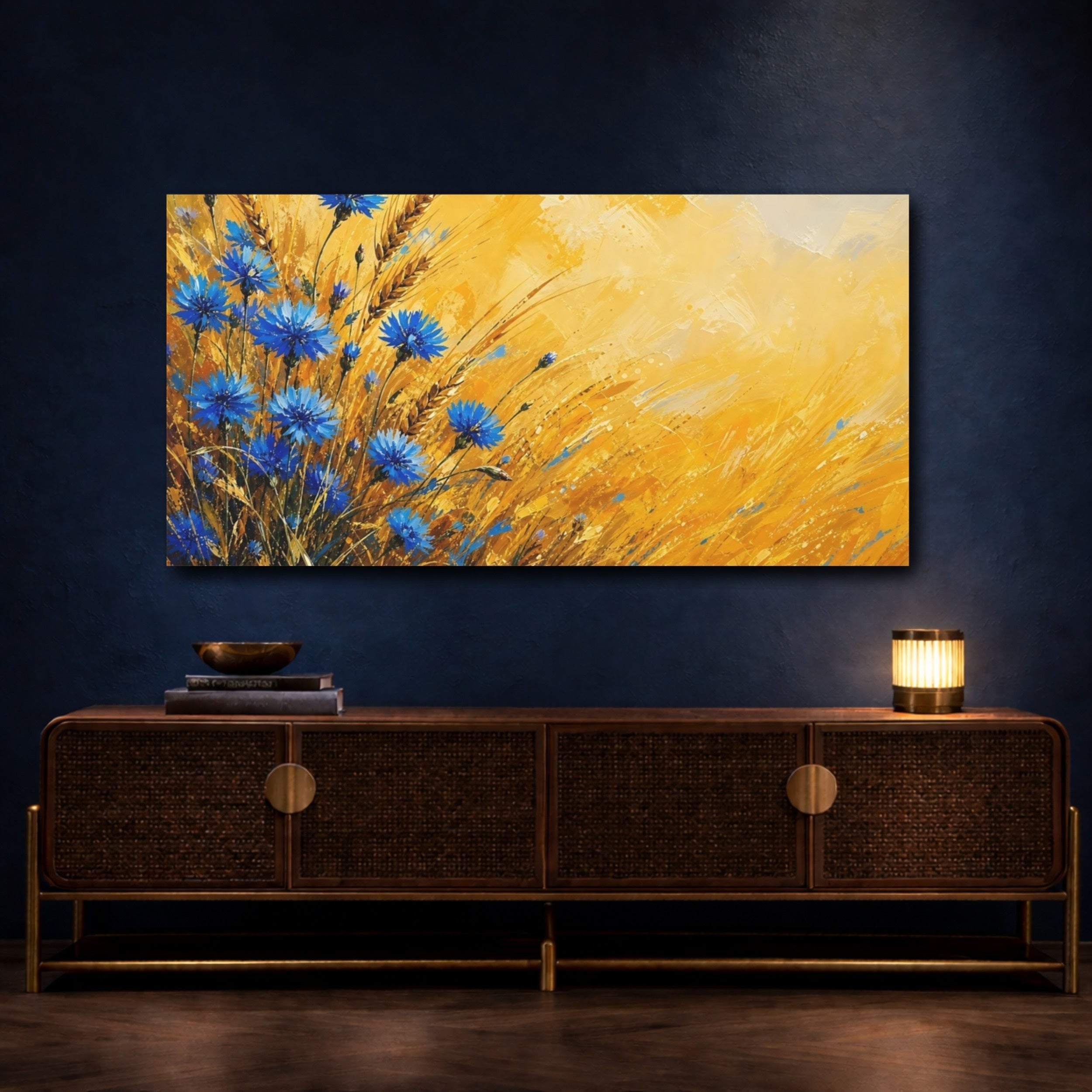 Mockup 4. Nature Cornflowers Blue And Yellow shown as stretched canvas wall art