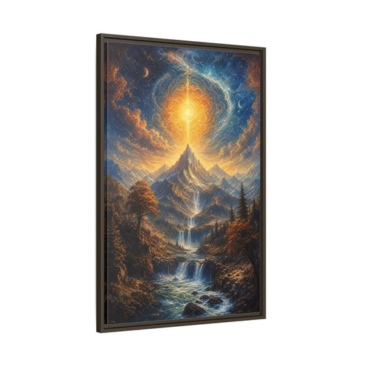 Main Mockup. Nature Cosmic Mountains Blue And Gold shown as stretched canvas wall art