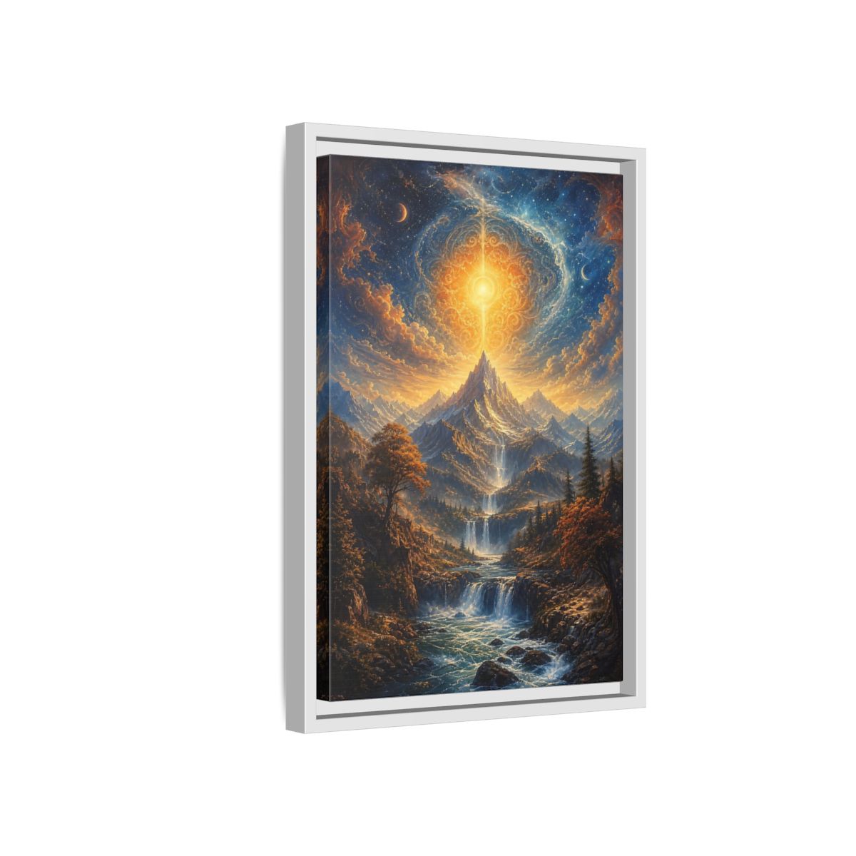 Nature Cosmic Mountains Blue and Gold Framed Canvas Wall Art - Living Room Above Sofa shown as canvas wall art