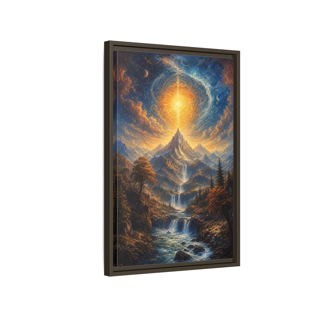 Nature Cosmic Mountains Blue and Gold Framed Canvas Wall Art - Living Room Above Sofa shown as canvas wall art