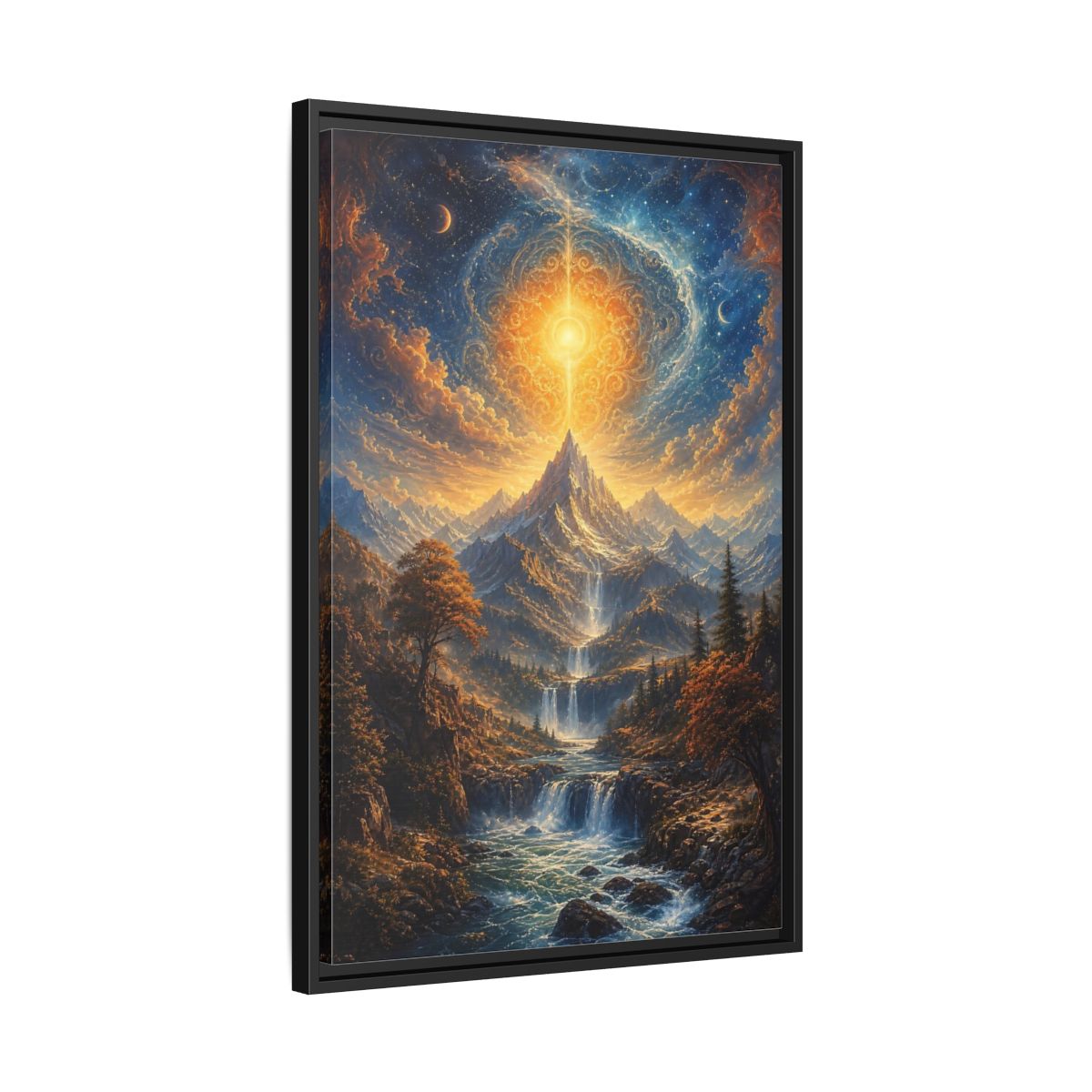 Nature Cosmic Mountains Blue and Gold Framed Canvas Wall Art - Living Room Above Sofa shown as canvas wall art