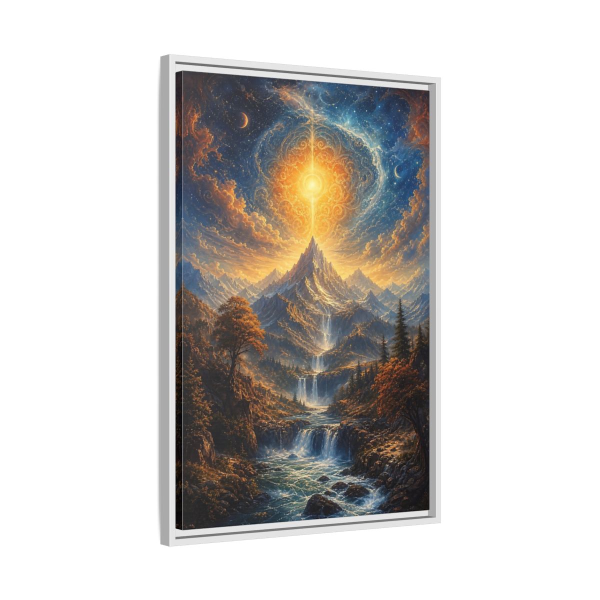 Nature Cosmic Mountains Blue and Gold Framed Canvas Wall Art - Living Room Above Sofa shown as canvas wall art