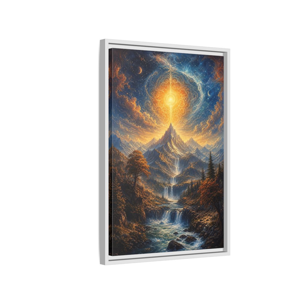 Nature Cosmic Mountains Blue and Gold Framed Canvas Wall Art - Living Room Above Sofa shown as canvas wall art