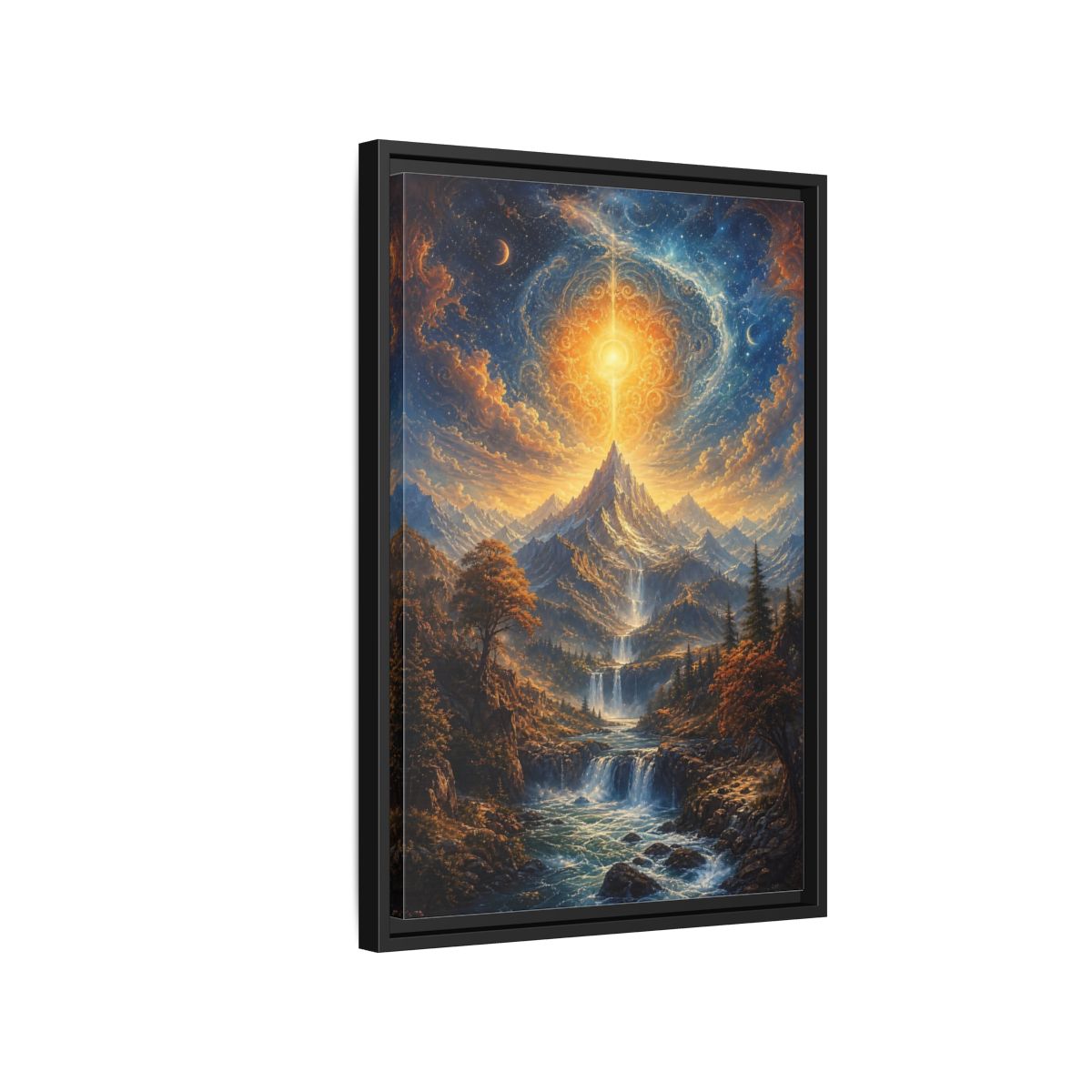Nature Cosmic Mountains Blue and Gold Framed Canvas Wall Art - Living Room Above Sofa shown as canvas wall art