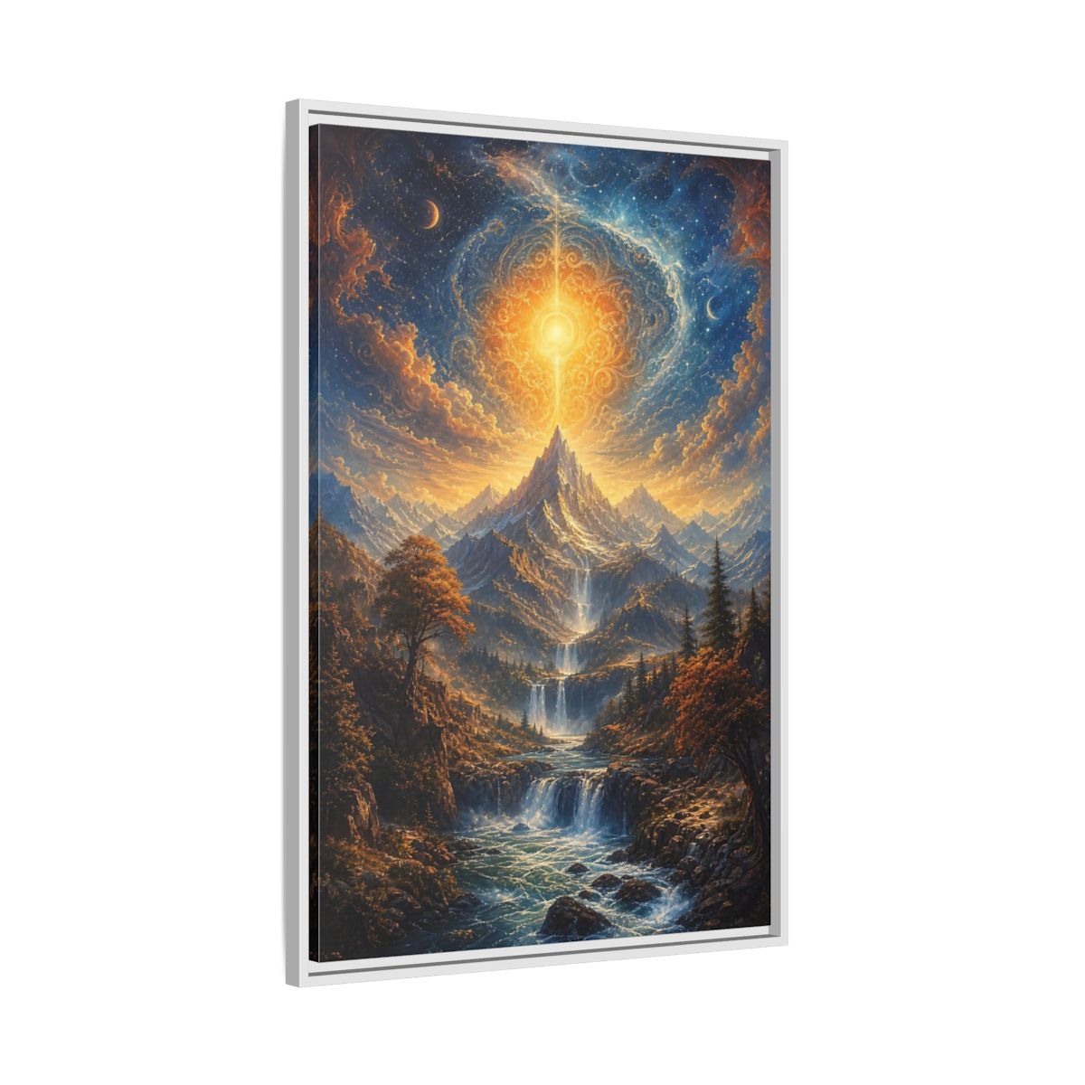 Nature Cosmic Mountains Blue and Gold Framed Canvas Wall Art - Living Room Above Sofa shown as canvas wall art