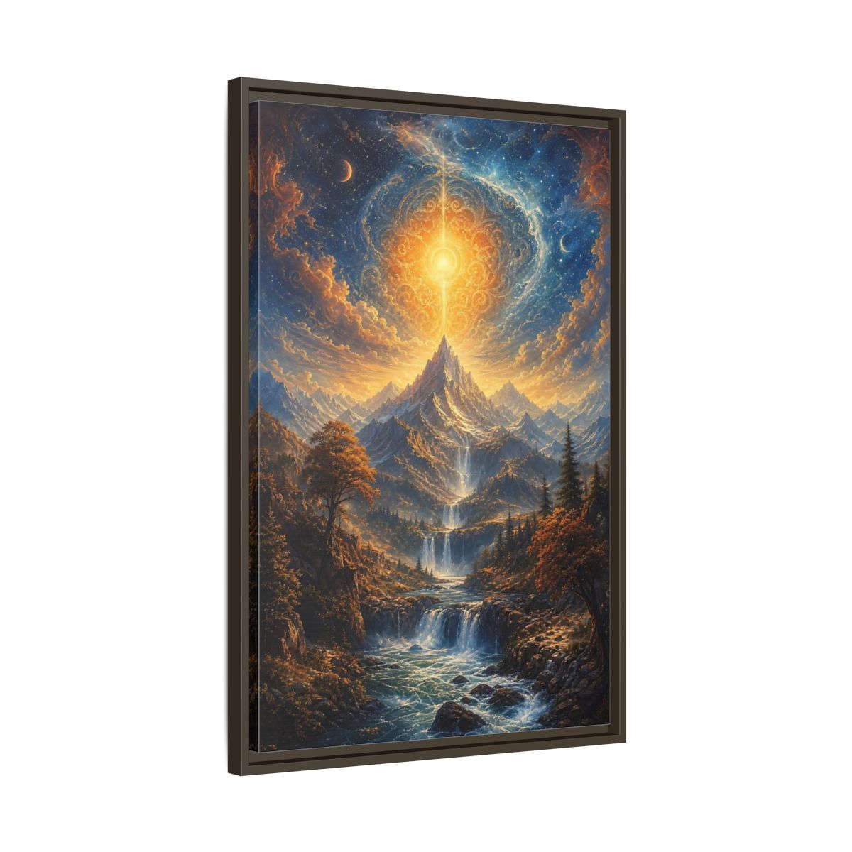 Nature Cosmic Mountains Blue and Gold Framed Canvas Wall Art - Living Room Above Sofa shown as canvas wall art